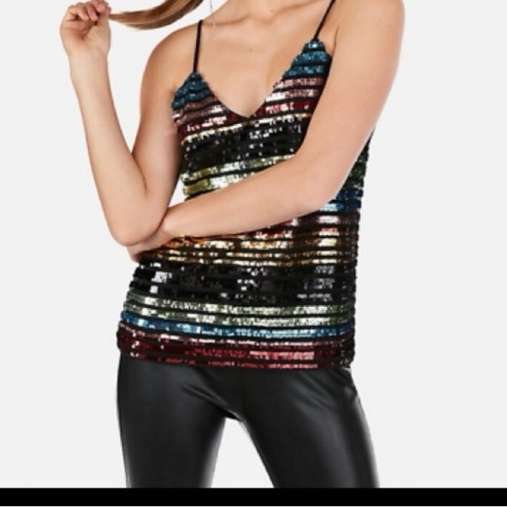 Women's Express Black Sleeveless Tank Top Sequin Rainbow Stripes Camisole Size L